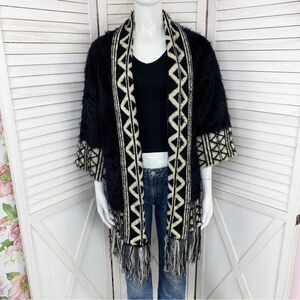 Kayla by Tally Taylor Boho Cardigan Sweater Fuzzy Fringe Hem Black Small Medium
